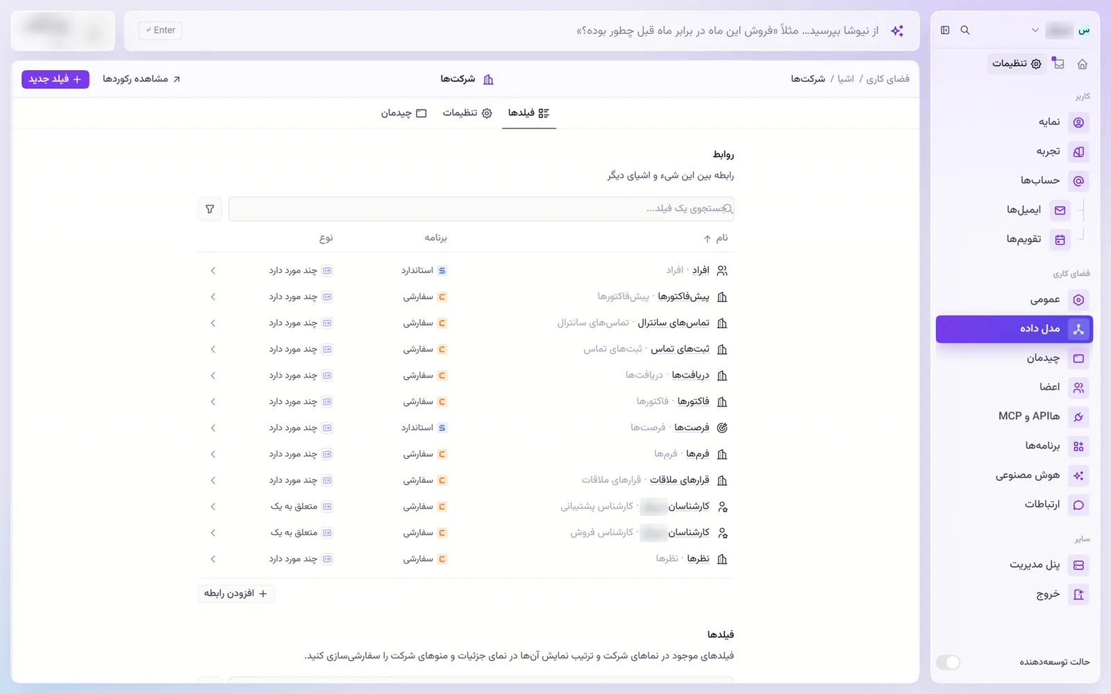 رابطه‌های شیء شرکت‌ها در داتیک با افراد، پیش‌فاکتورها، تماس‌ها، فاکتورها و فرصت‌ها