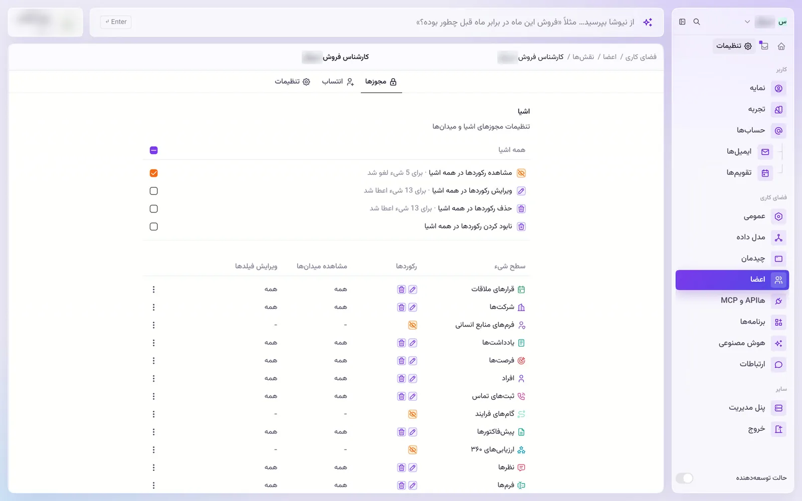تنظیم دسترسی نقش کارشناس فروش در داتیک تا سطح شیء و فیلد