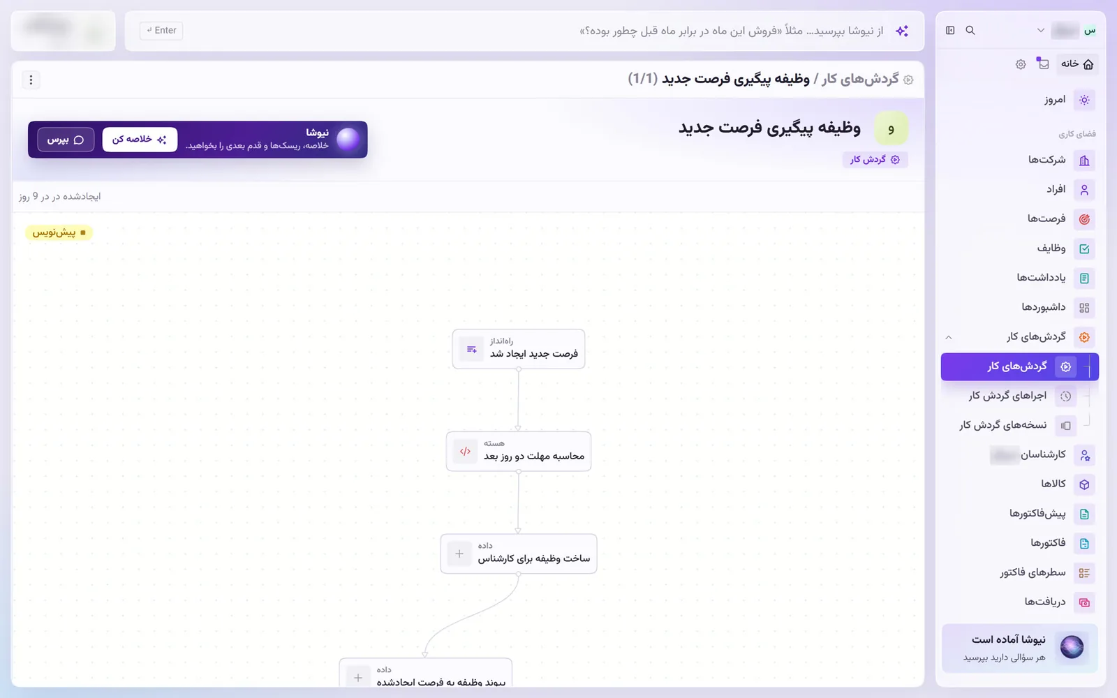 نمودار گردش کار «وظیفه پیگیری فرصت جدید» که نیوشا از یک جمله ساخت